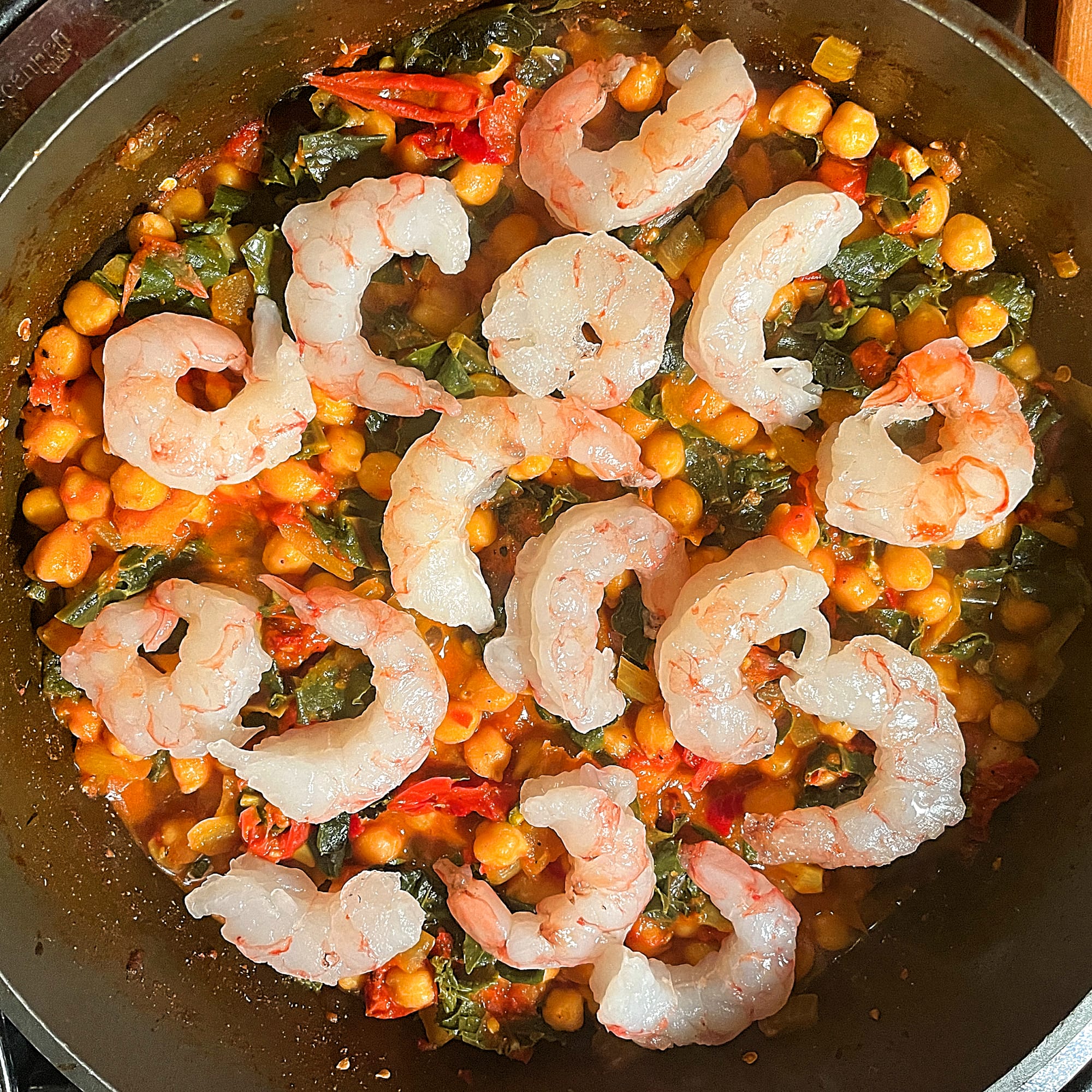 Garbanzo Bean Curry with Tomato, Kale, and Shrimp