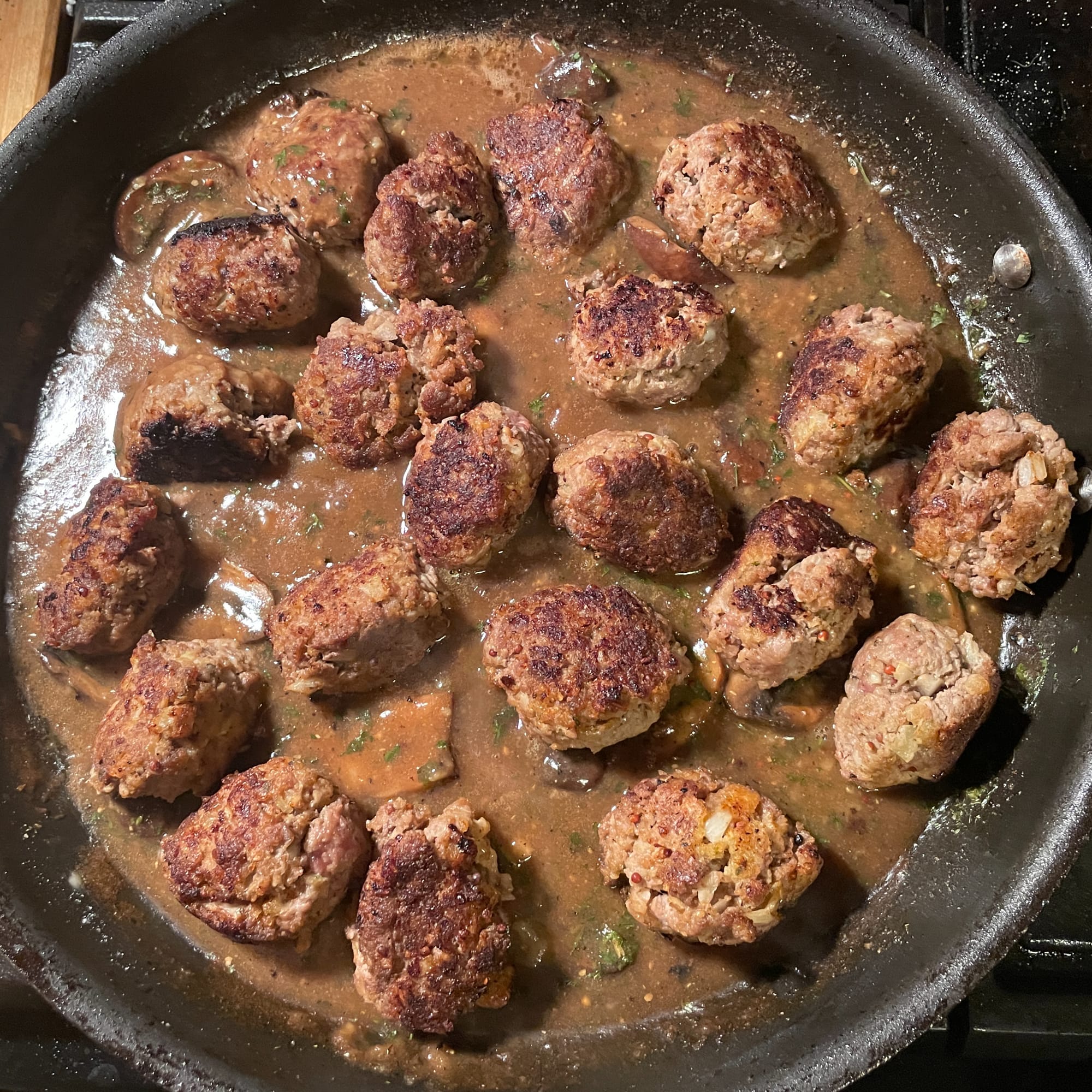 Salisbury Steak Meatballs with Mushroom Gravy over Garlic Smashed Potatoes