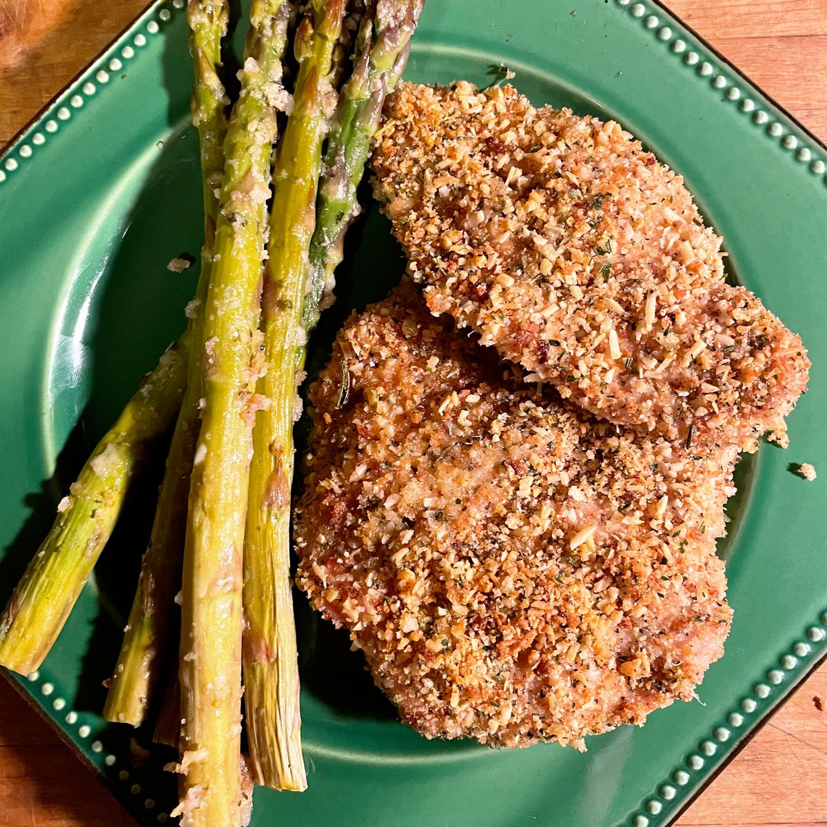 Baked Parmigiana and Panko Crusted Chicken Paillard with Asparagus