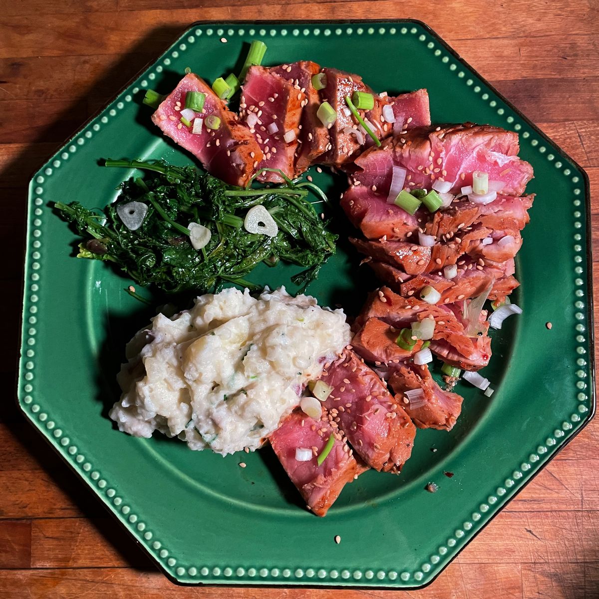 Ahi Tuna With Braised Baby Mustard Greens and Garlic Smashed Potatoes with Chives
