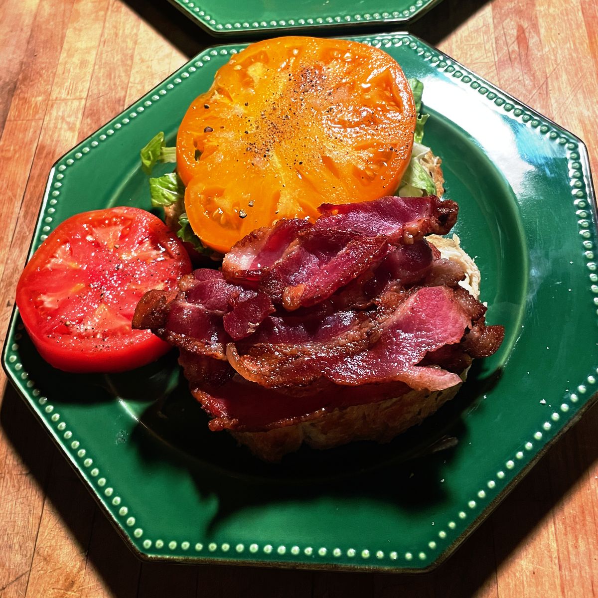 The Best BLT, Heirloom Tomatoes on a Toasted Olive Oil Bread with Thick Cut Pasture Bacon